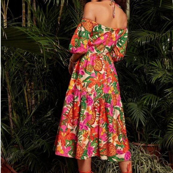 tie neck off shoulder puff sleeve cutout tropical print dress vacay summer cute - Picture 2 of 7